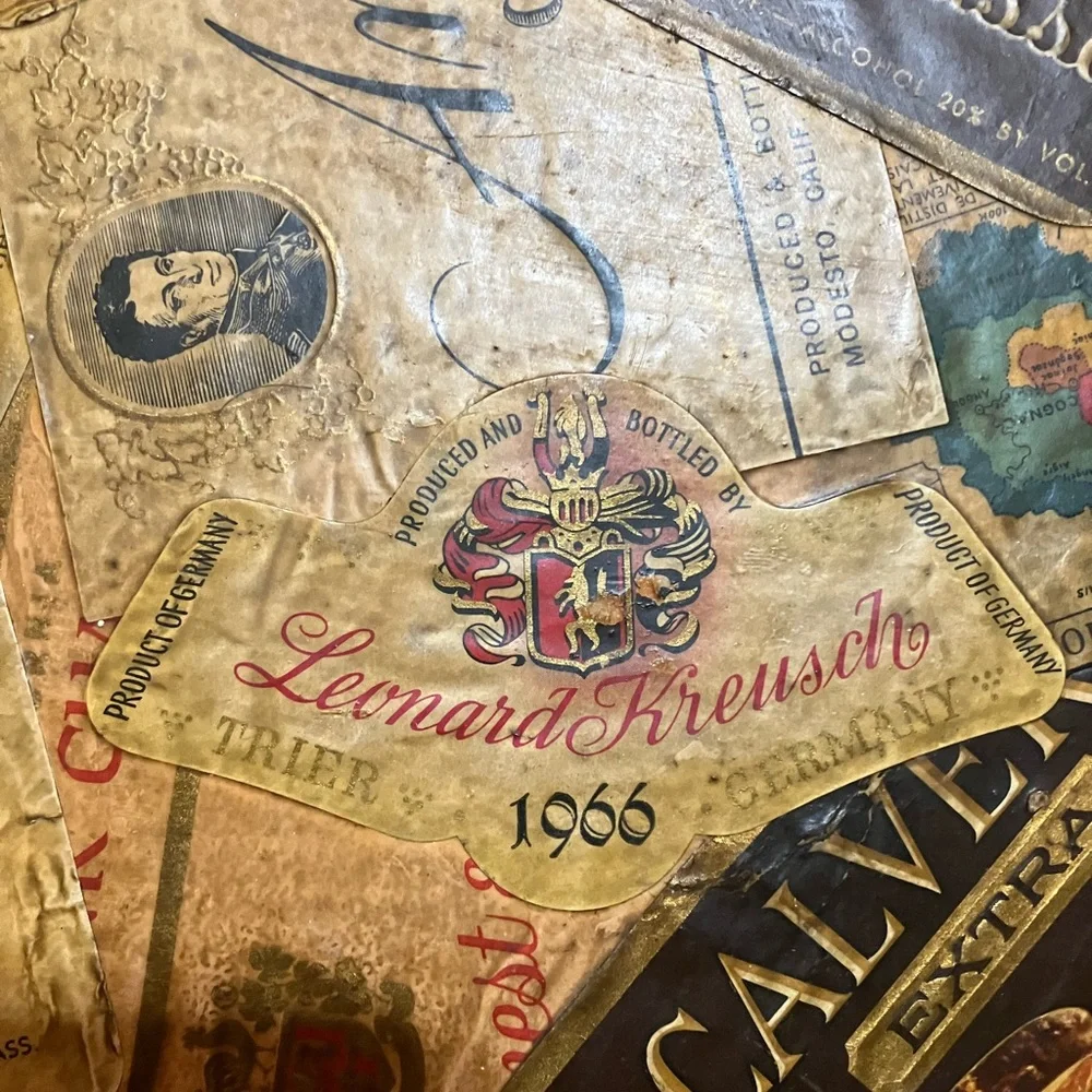 Vintage Liquor Labels Tin Metal Tray Decoupaged 13.5” Wide Unique Bar Decor